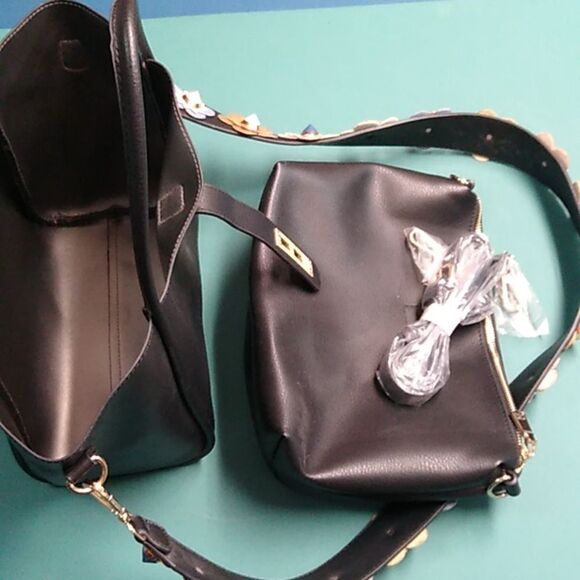 Black Faux Leather Two Crossbody Straps Certified Vegan Bag with Floral Strap - Picture 4 of 10